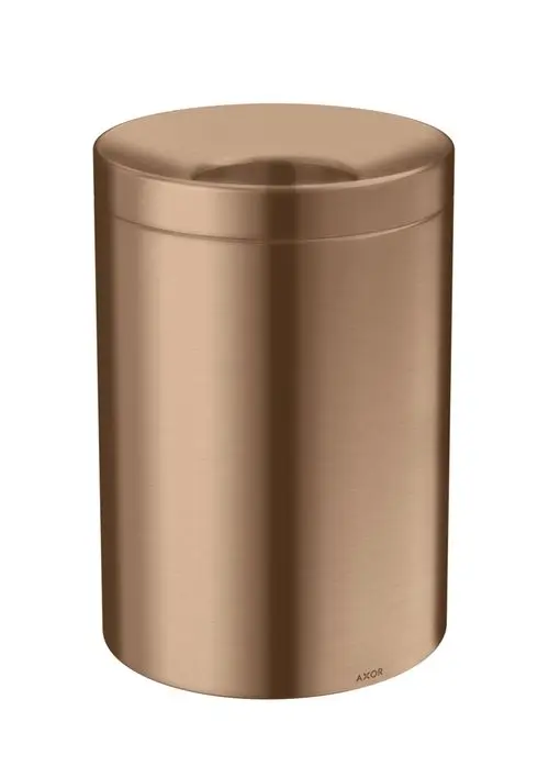 Runder Abfalleimer in gebürstetem Rotgold mit einem schlichten Deckel, gefertigt von AXOR. Ideal für moderne Räume und zurückhaltendes Design.